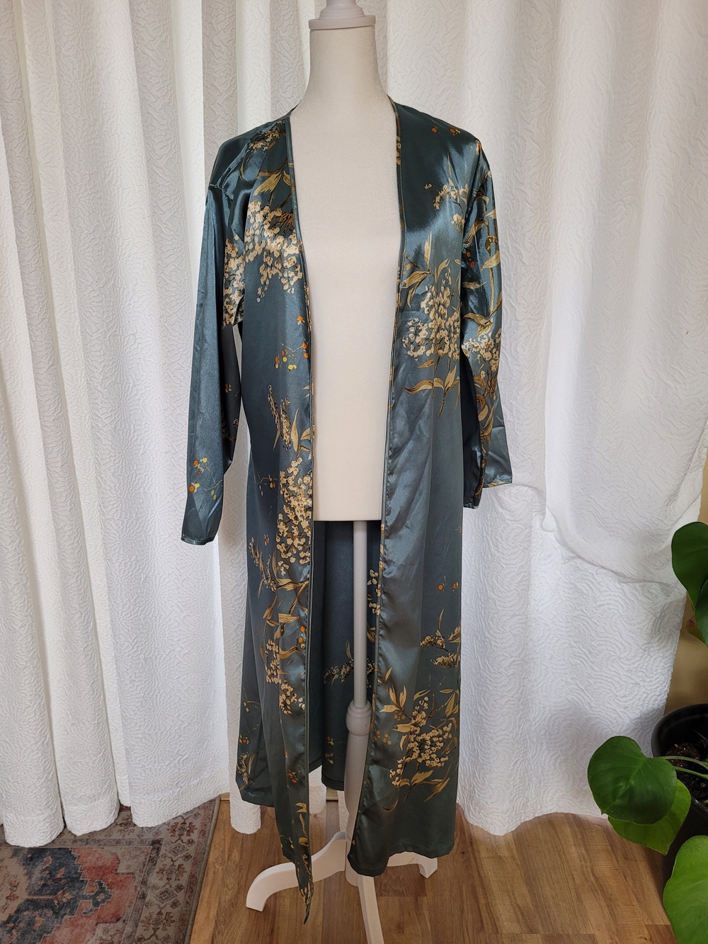 Silky Teal Floral Long Lounge Robe